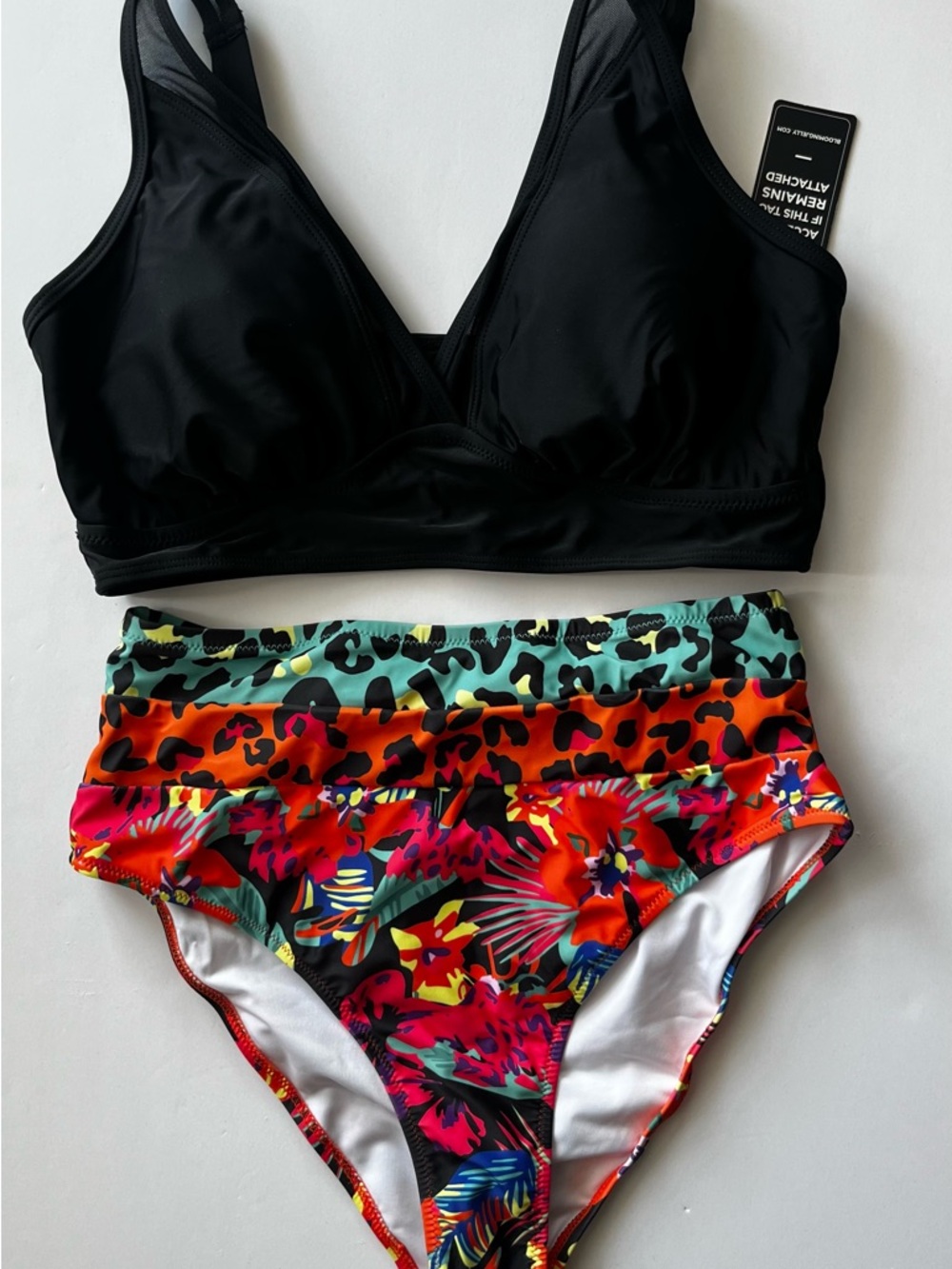 NWT Tropical Bikini Set High Waisted Black Top Floral Leopard Bottoms- Size M